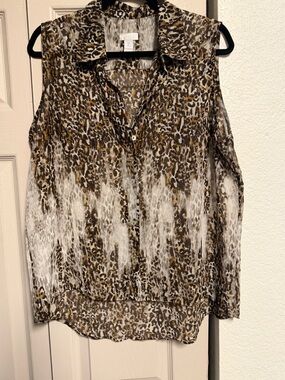 Chico's Brown and White Sleeveless Animal-Print Button Front Blouse